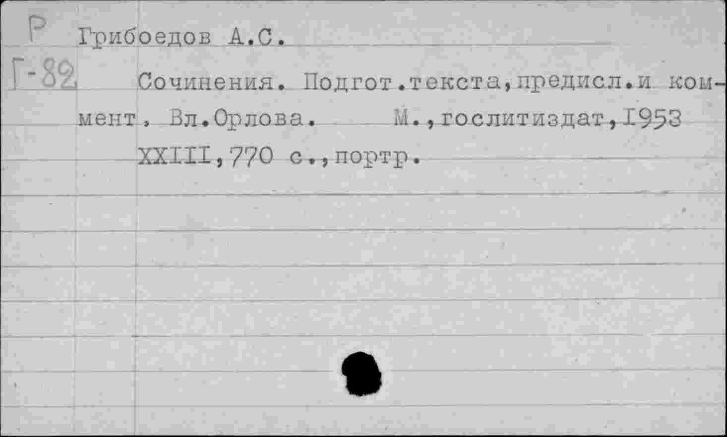 ﻿Грибоедов А,С.-
Сочинения. Подгот.текста,предисл.и ком мент, Вл.Орлова. М.,Гослитиздат,1953
XXIII,770 с»,портр.